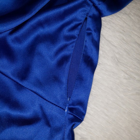 NWT Zara Sz M Satin Effect Blue Mini Dress Tie Front Long Sleeve Collared Deep V - Picture 10 of 15